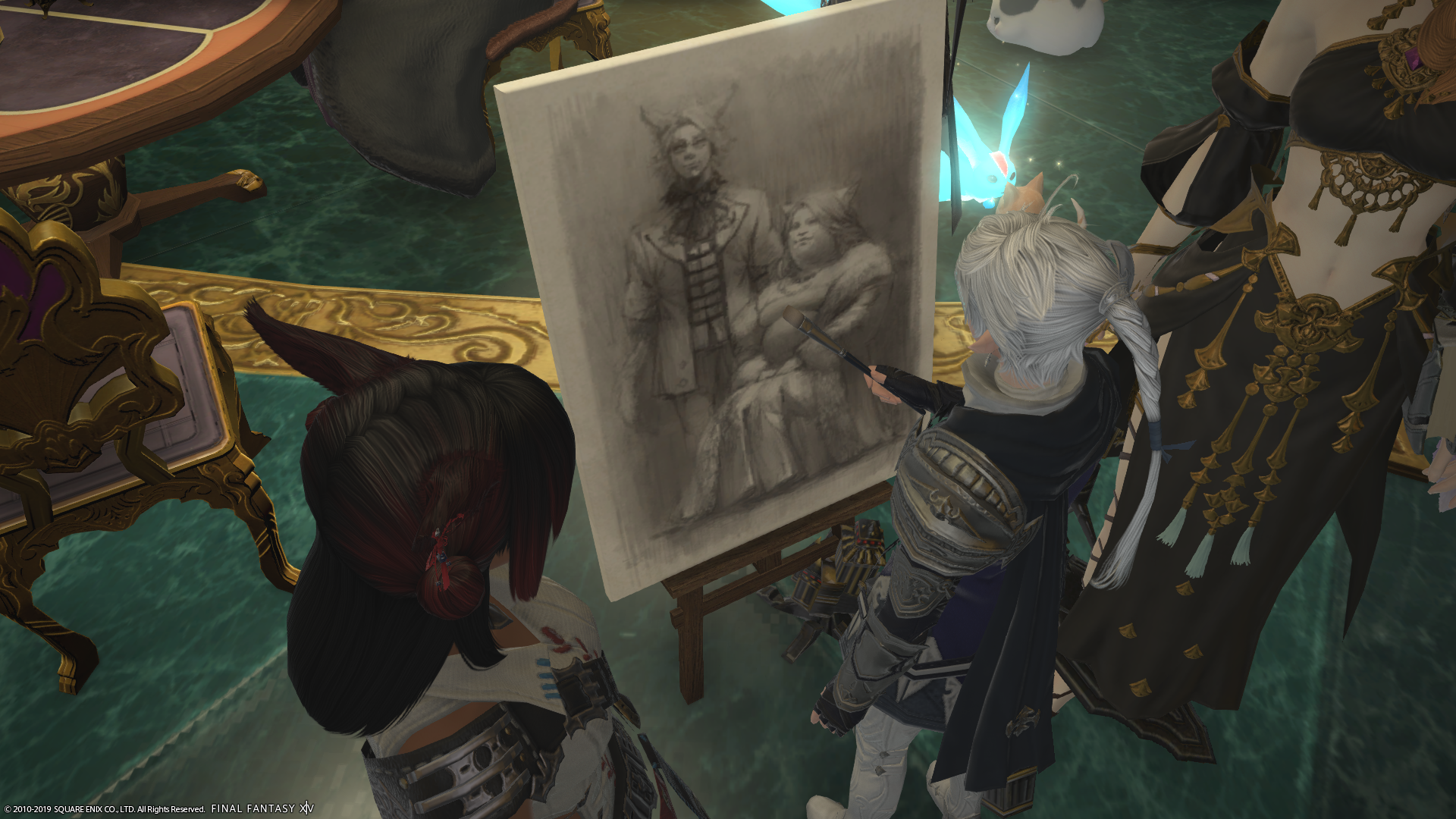 Alphinaud sketching a portrait of two miqo'te, the Chais: Chai-Nuzz standing next to Dulia-Chai sitting.