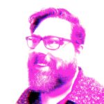 A hot pink on white duotone image of a smiling person with a beard and glasses